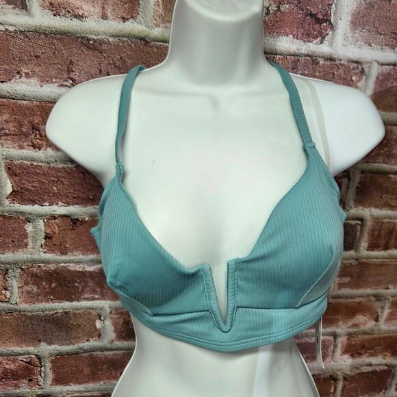 Shade & Shore Bikini Top 34D Green Triangle V Wire Ribbed Removable Cups Chic - Picture 2 of 6